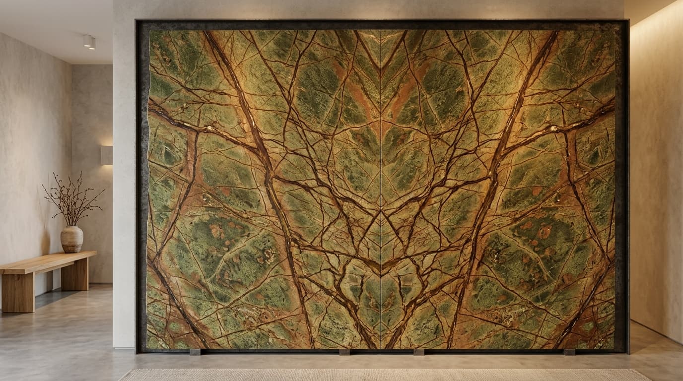 Bespoke Feature Walls & Fireplace Backdrops - Bookmatched Rainforest & Statuario Accents